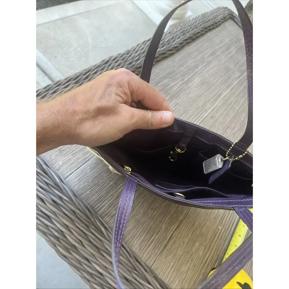 Coach Signature Stripe Satchel With Patent Leather Trim Handbag Purple F25771